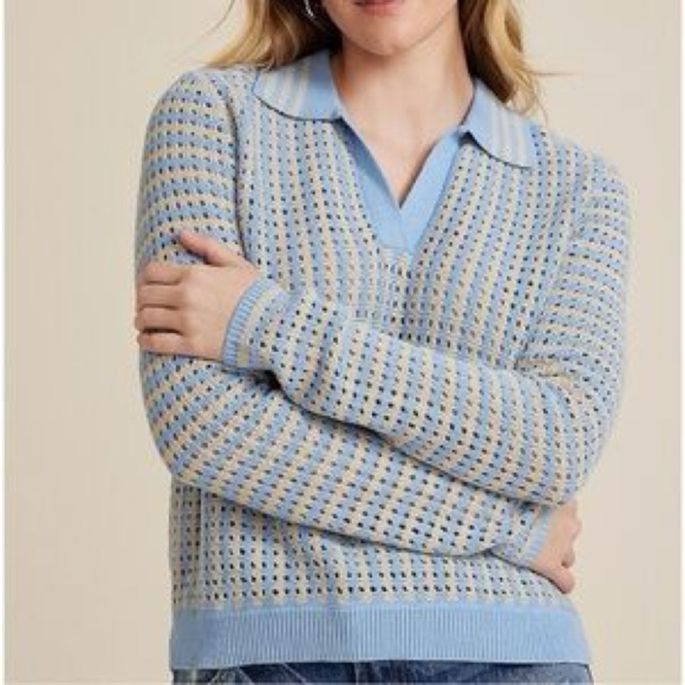 NWT Maurices Womens Blue Cream Ivory Open Knit Collared Sweater 100% Cotton